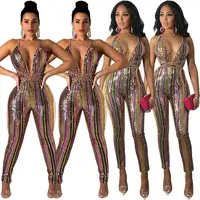 

MN176 women sexy backless halter bandage bodycon sequins jumpsuit women 2019