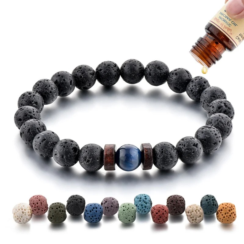 

8mm Red Green Yellow Blue Tiger Eye Stone Bracelet Men Black Lava Volcanic Stone Beads Bracelet Aromatherapy Bracelet, As photo