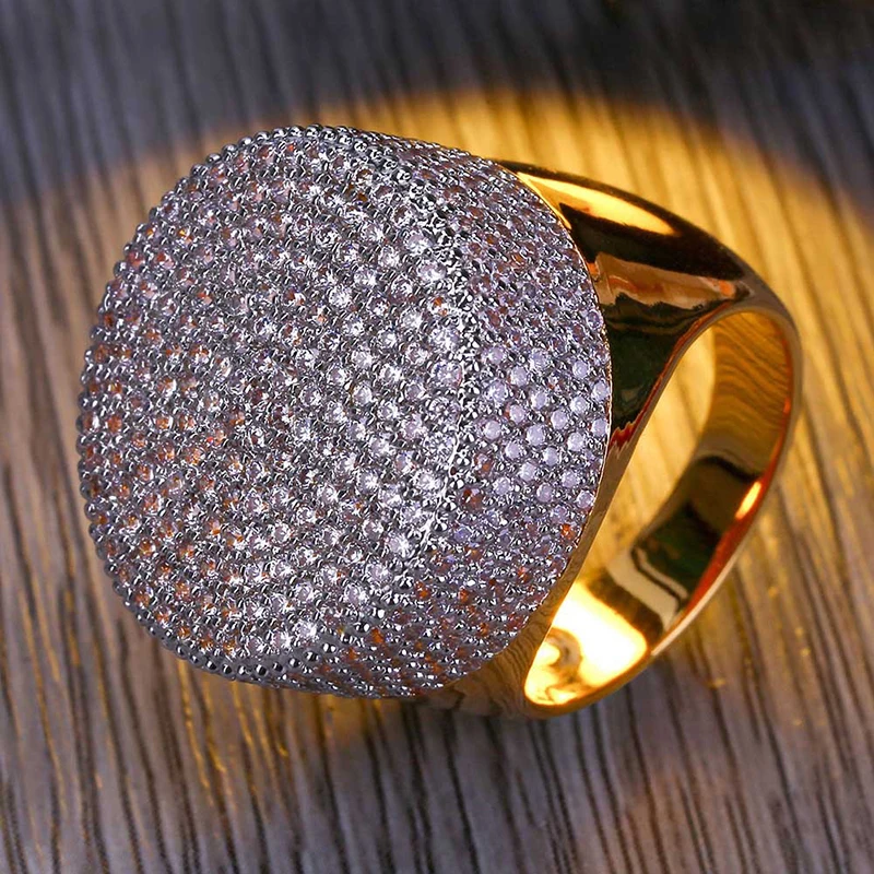 

Hip Hop Luxury Full AAA CZ Zircon Ice Out Bling Golden Ring Round Big Wide Mens Rings Rappers Jewelry (SK177), As picture