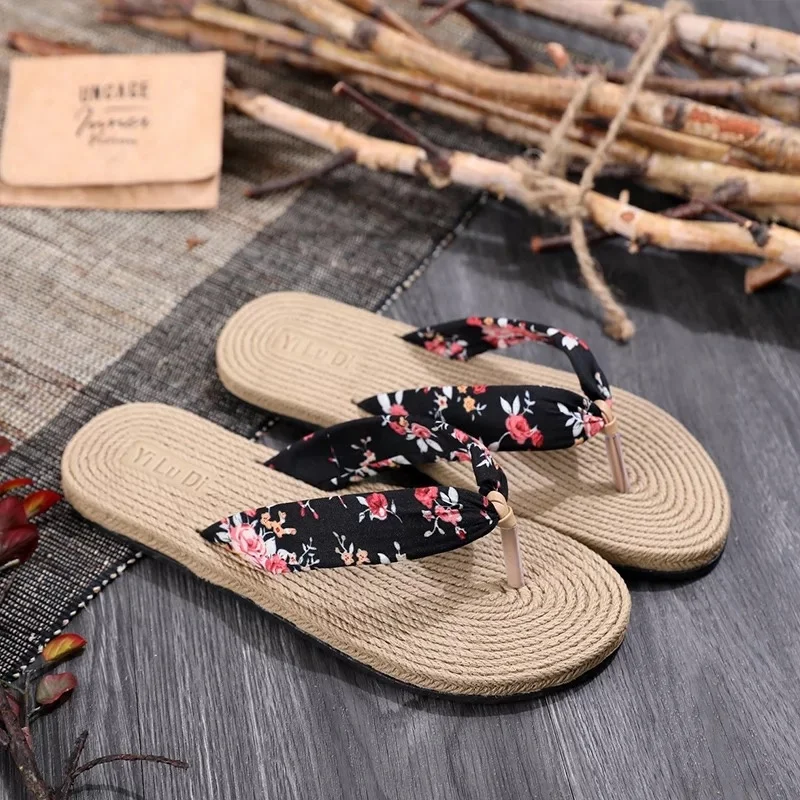 

summer woman straw jute sole flower flip flops beach sandals