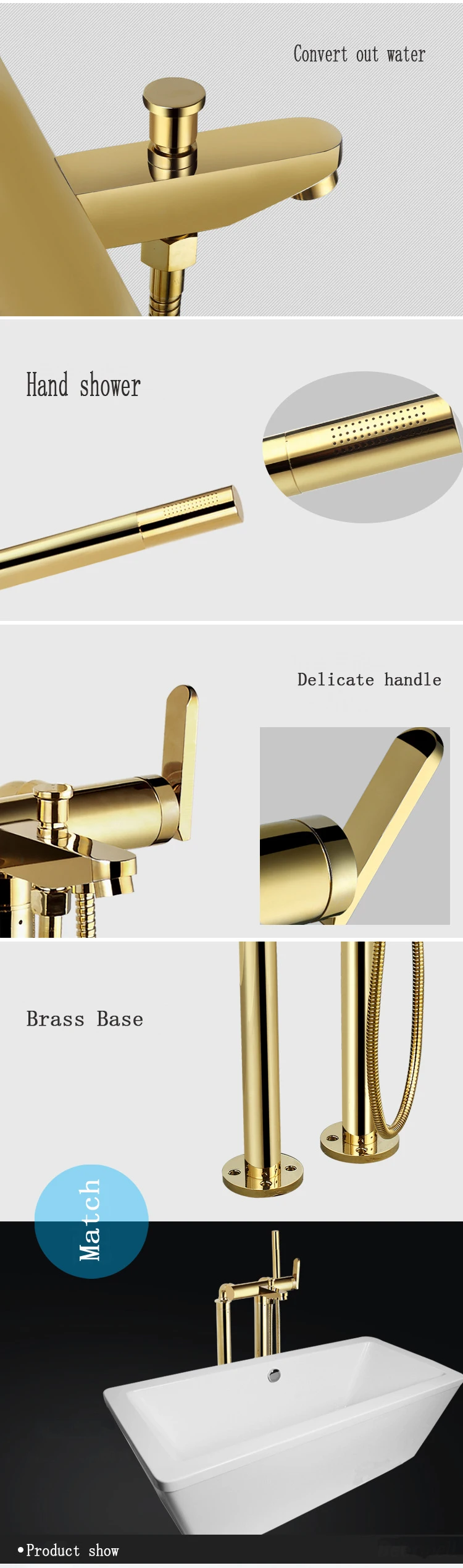 Modern golden brass Multi-function Thermostatic floor mounted bath shower mixer/taps Vertical bathtub faucet