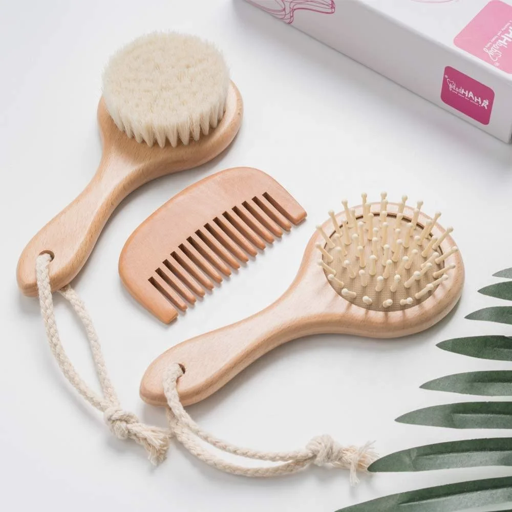 

new product ideas 2019 Natural 3 piece Wooden Baby Hair Brush and Comb Set - Baby Brush Set Silicone