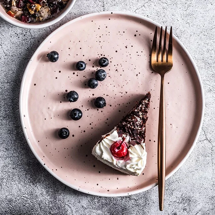 Personalized dinner ware fancy matte surface bulk rimmed  pink ceramic dinner plate