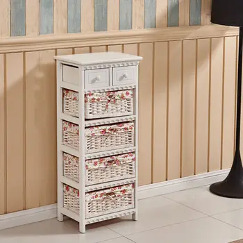 4 Baskets Shabby Wicker Storage Unit White Cabinet Furniture Chest