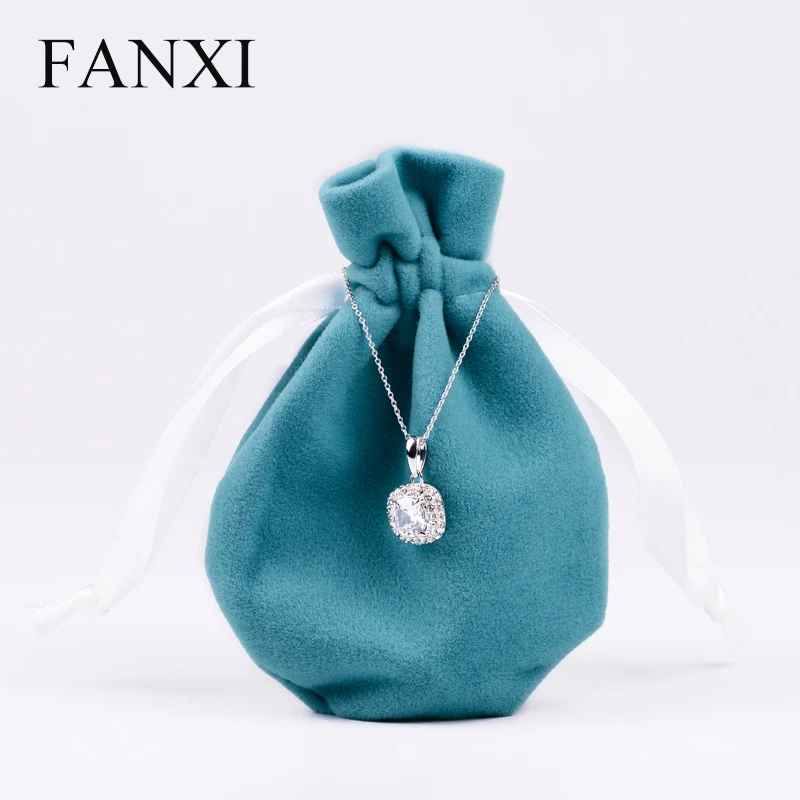 

FANXI Handmade Factory Supply Jewelry Accessory Ring Package Pouches with Silk Ribbon Drawstring Jewelry Gift Bag Velvet Pouch, Blue/ black/ white/ customized color for velvet pouch