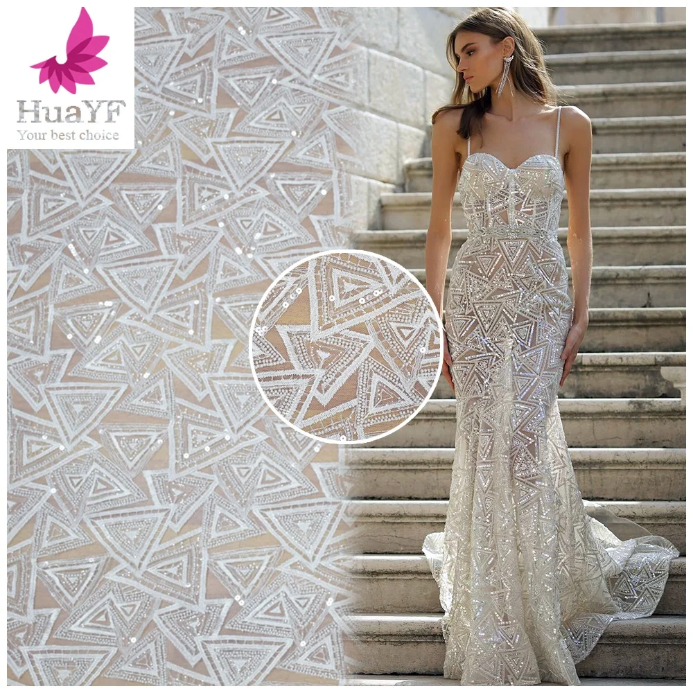 

Ivory bridal sequins embroidery beaded tulle french wedding lace fabric material HY0346