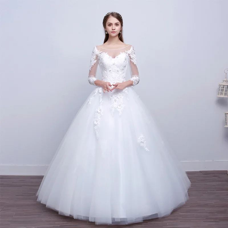 Q037 In Stock Bridal Wedding Dress Illusion White Lace Wedding Dress with Long Sleeves