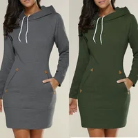 

Hot Sale Plain Colour Pullover Women Long Hoodies Dresses With Pocket