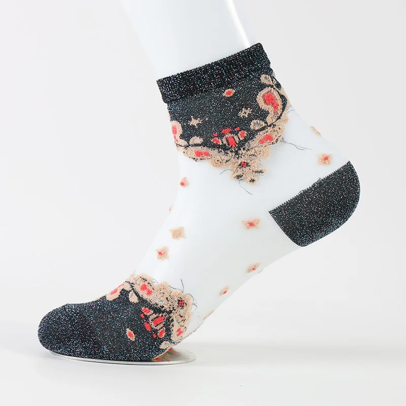 

Fashion Summer crystal silk glass flower lace transparent nylon socks women
