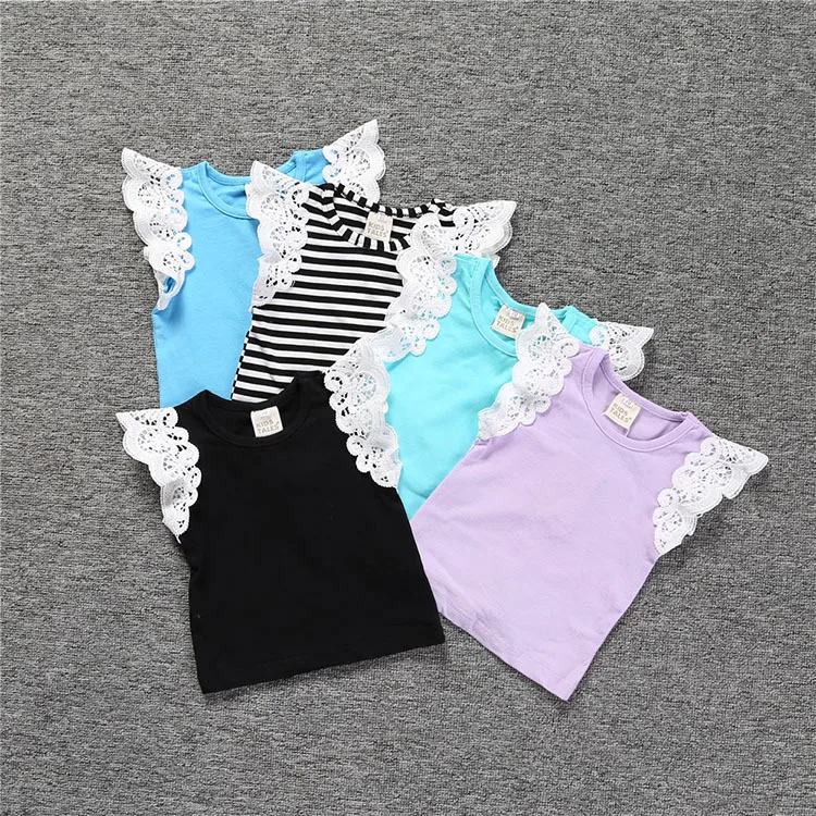 

Children Girls Shirts Toddler Kids Baby Girl O-Neck Lace Flying Sleeve T-shirt Top Clothes Clothing children's T-shirts, As pictures
