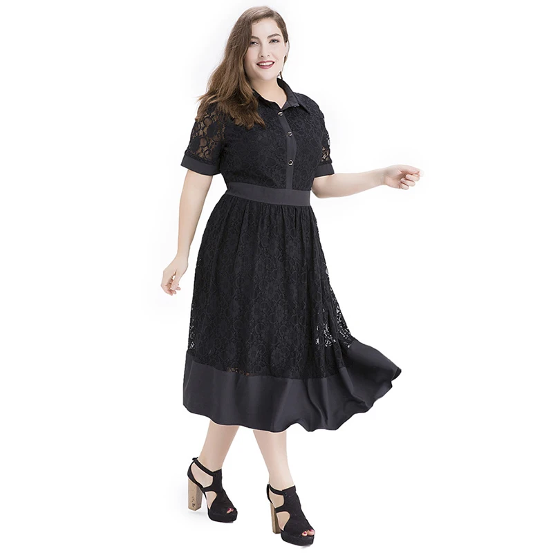 

Hot Sale Ladies Short Sleeve Midi Fashion Lace Patchwork Dress Black Dresses Women Fat Women Lace Dress Patterns, Black lace prom dress