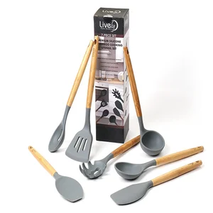 Image of 7Piece Premium Silicone Kitchen Cooking Utensils Set with Natural Bamboo Handles - Cooking Tool and Kitchen Gadget Set for cook