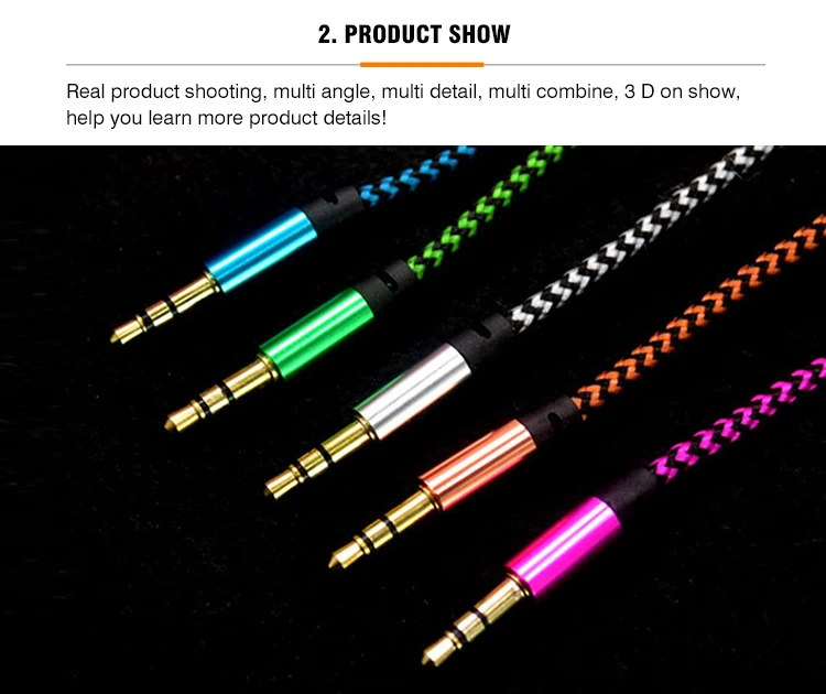 Colorful 3.5mm braided aux audio cable metal gold end 3.5mm male to male aux car record cable