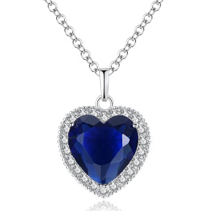 

Hot Selling Fashion Stainless Steel Pendant Blue Stone Heart Shape Jewelry Necklace