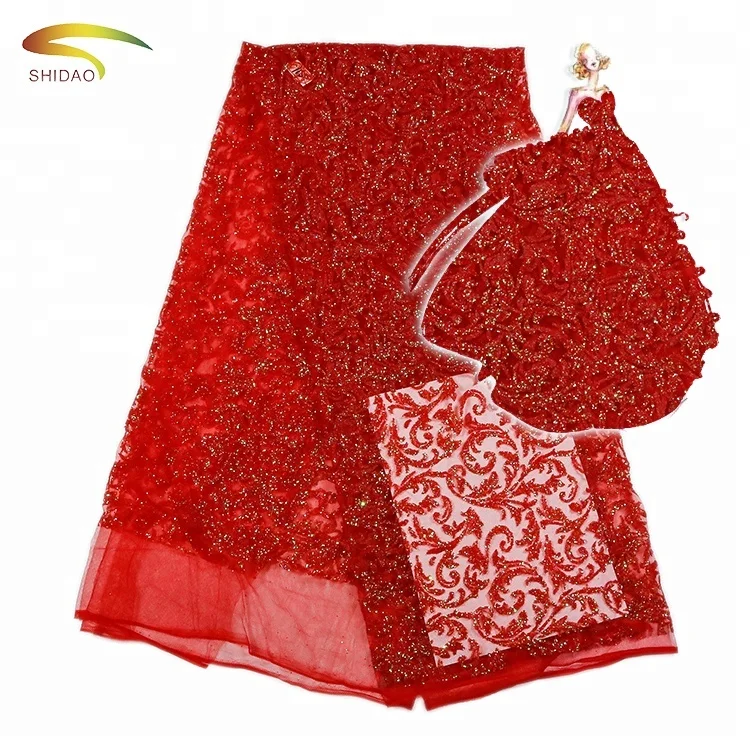 

2017 Hot Sales Red Powder Shinning Embroidery Glitter net lace fabric With Beaded