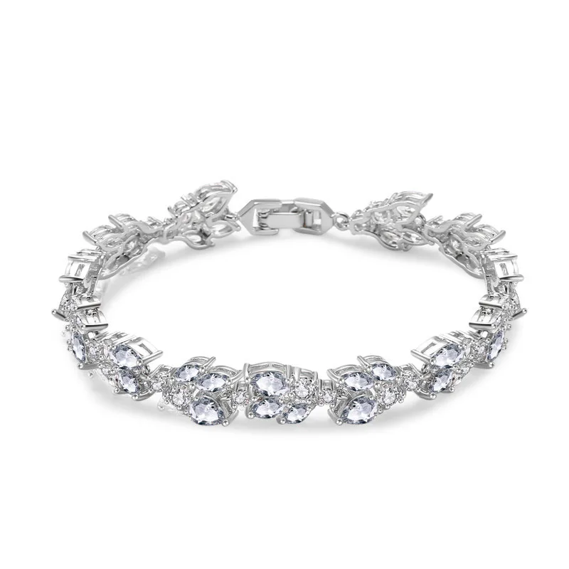 

RAKOL BP001 luxury Lead leaf shape zircon crystal CZ bracelets for women party gift, As picture