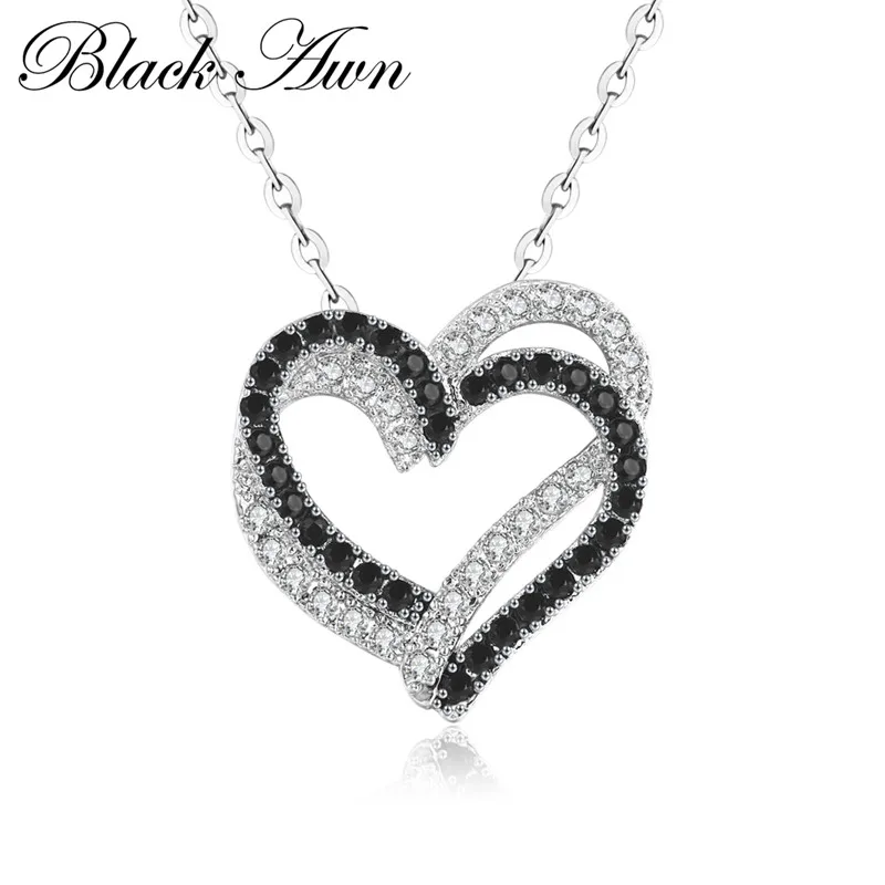 

[BLACK AWN] Fine Genuine 100% 925 Sterling Silver Necklace Women Jewelry Heart Black&White Stone Pendants P107