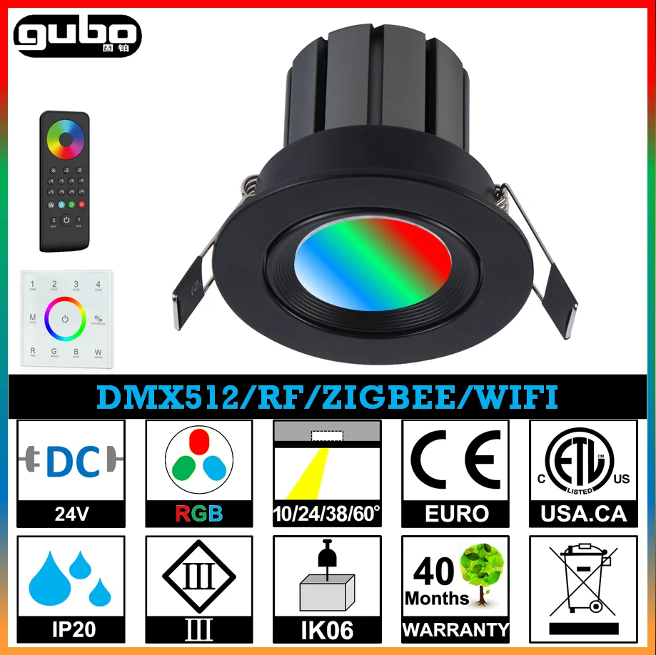 
GUBO 9W RGB LED Recessed Downlight 3C*3W 3years Warranty DMX512 Zigbee 