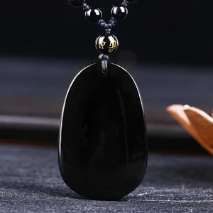 Natural Black Obsidian Guanyin Mahasthamaprapta Buddha Stone Pendant DIY Jewelry Necklace Supply