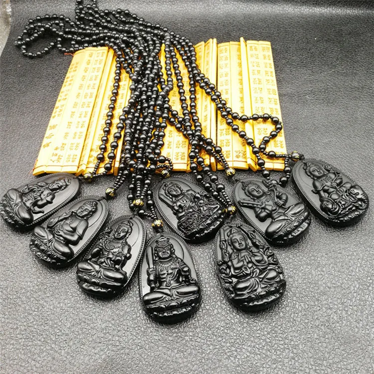 

Hot Sale Black Obsidian Buddha Pendant Necklace Natural Stone Long Bead Necklace