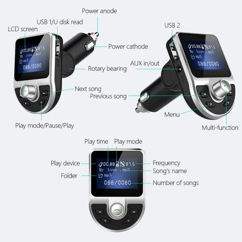 

Bluetooth Car Kit Handsfree Set FM Transmitter MP3 Music Player 5V 2.1A USB Car Charger Support Micro SD Card 4G-32G