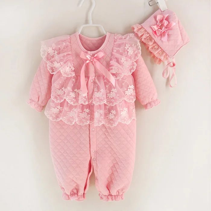 

Wholesale autumn winter princess lace warm cotton infant toddler clothes baby girl rompers seta, Pink / white
