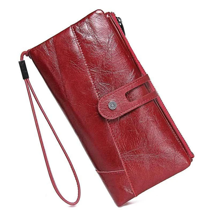 Genuine Leather Womens Handmade Long Clutch Wallet Oily Wax Leather Phone Bag Card Holder Lady 2049