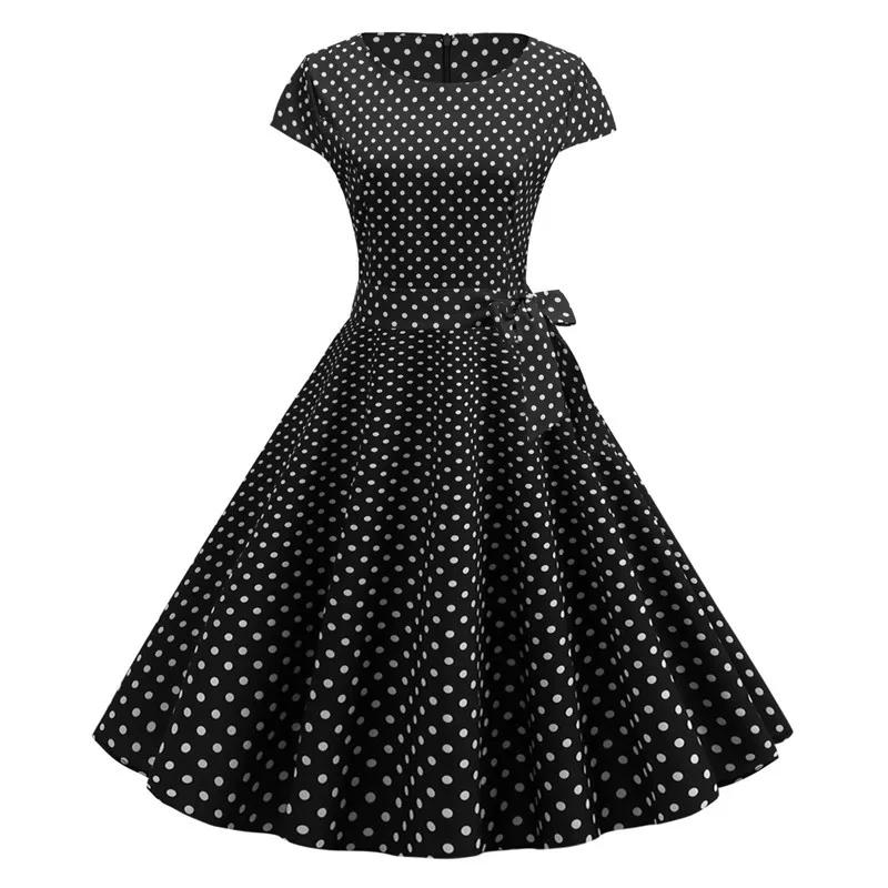 1950s 60S Retro Polka Dots Bowknot A Line Elegant Tea Rockabilly Vintage Maxi Plus Size Ladies Dress Women Clubwear Dress