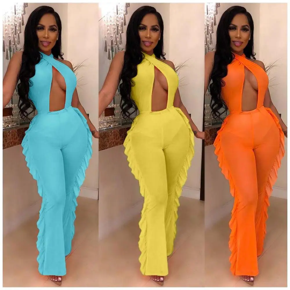 

women cut out sexy mesh ruffle jumpsuit backless, Orange, yellow , blue