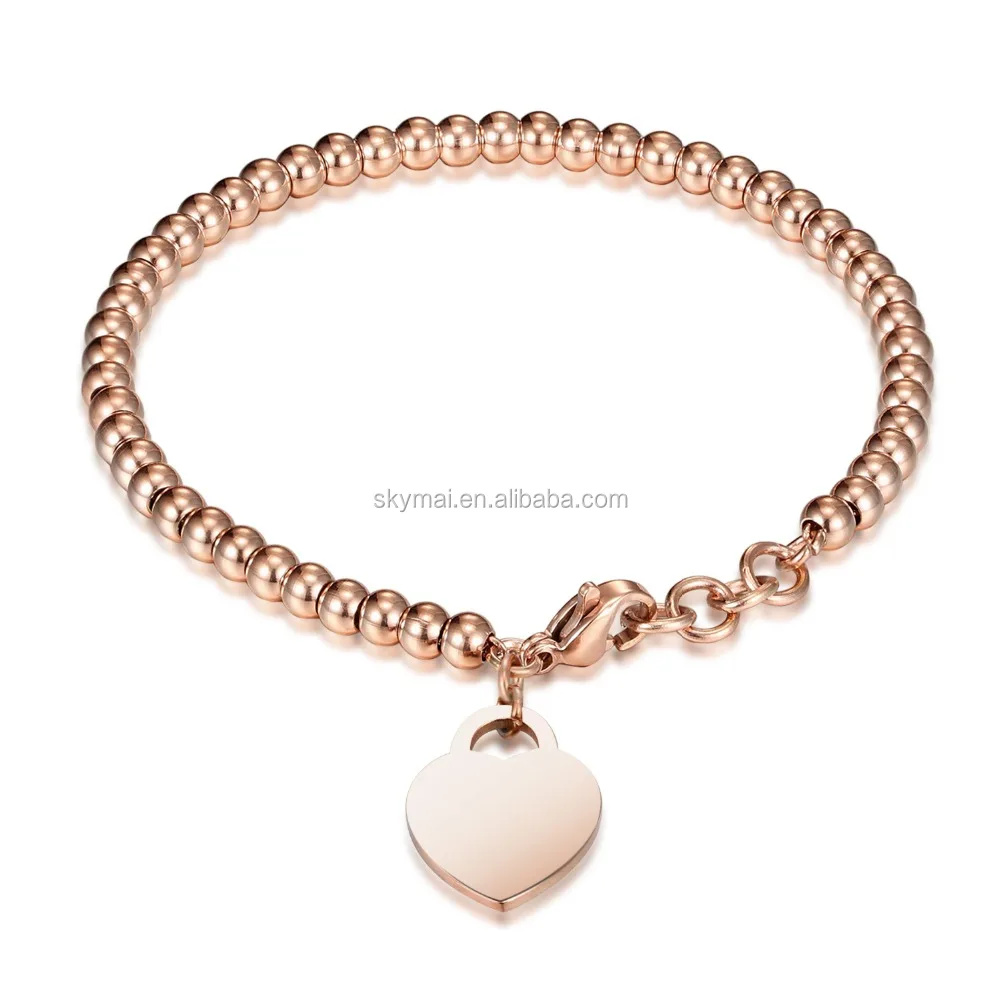 Dubai Jewelry Wholesale Stainless Steel Rose Gold Full Bead Heart Charm Bracelet for Women