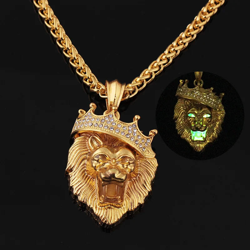 

Hot selling gold plated crown lion hiphop glowing in dark pendant jewelry, Gold and silver