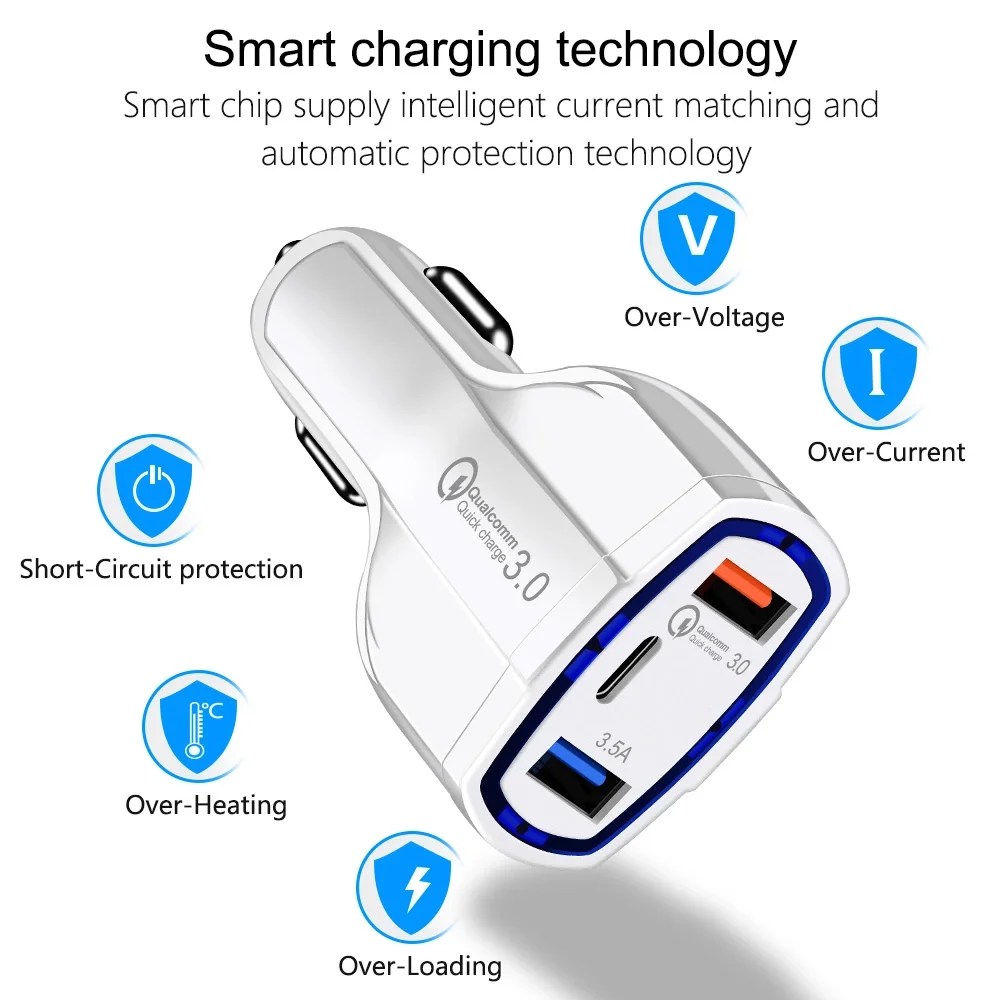 Free Shipping XINBEST Newest Portable Dual USB+TYPE C Quick Charge 3.0 Car Charger Mobile Phone Charger USB Car Charger