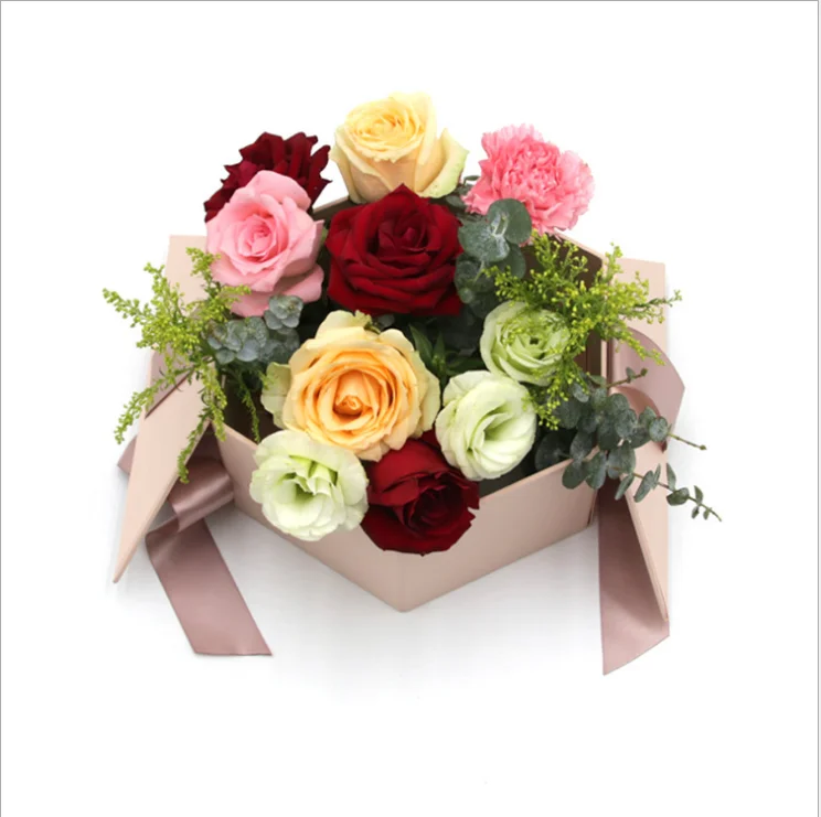 Manufacturer Custom Pink Color Hexagonal Ribbon Flower Box For