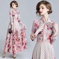 

Wholesale In Stock Women Casual Wear Long Sleeve Turn Down Collar Multi Fashion Pattern Print Fit and Flare Maxi Dress