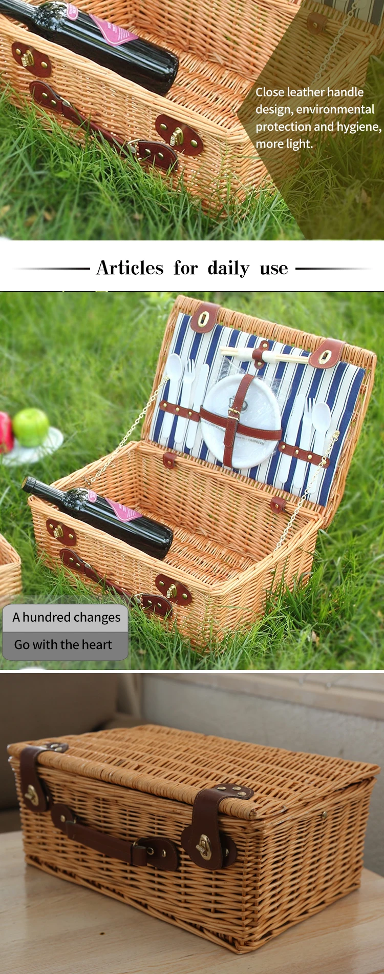 Kingwillow,Wholesale 2 Person Wicker Picnic Basket Set With Plastic