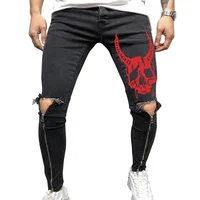 

Mens Print Distressed Skinny Jeans For Male New Hole Zipper Casual Athleisure Sportswear Slim Long Denim Pencil Pants Trousers