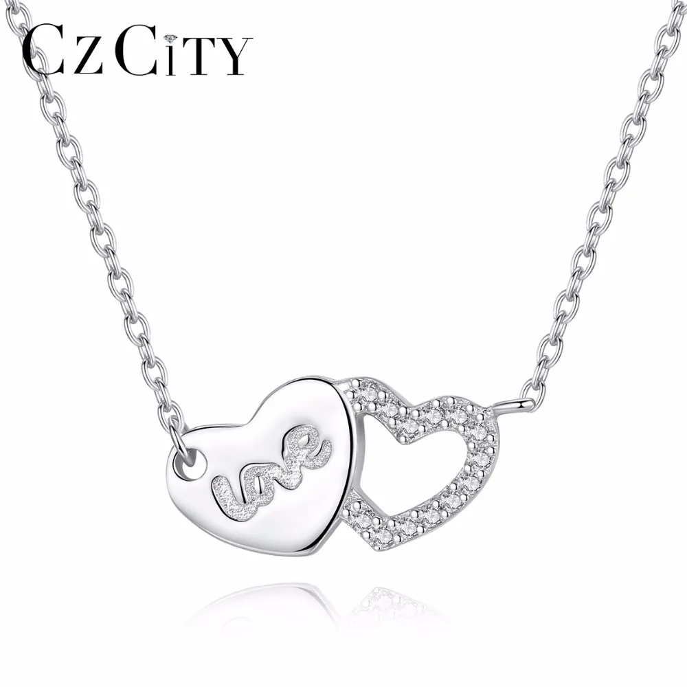 

CZCITY Wholesale Popular Fashion 925 Sliver Heart Shaped Pendant Necklace With Double Heart Shape&Clear CZ Crystal For Girl Gift