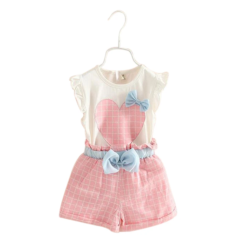 

Custom Cute Fashion Children Girls printed Heart Summer T Shirt And Short Clothing Sets With Bow