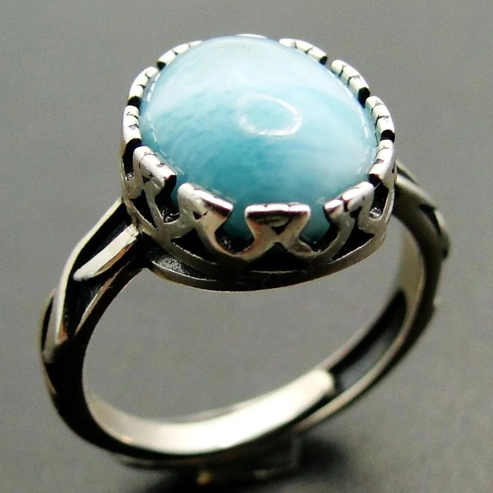 

100% Sterling Silver Jewelry Oval Shaped Blue Larimar Engagement Ring Women Adjustable Ring