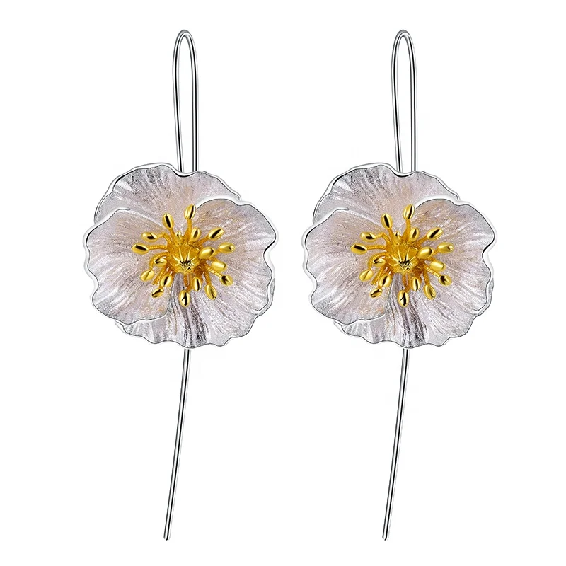 

925 Sterling Silver Blooming Poppies Flower Wedding Earring For Woman Girl Jewelry Party