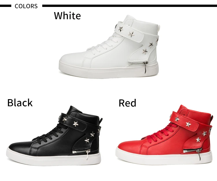 Mens High Top White Sneakers Lace Up Star Sports Shoes With Zipper