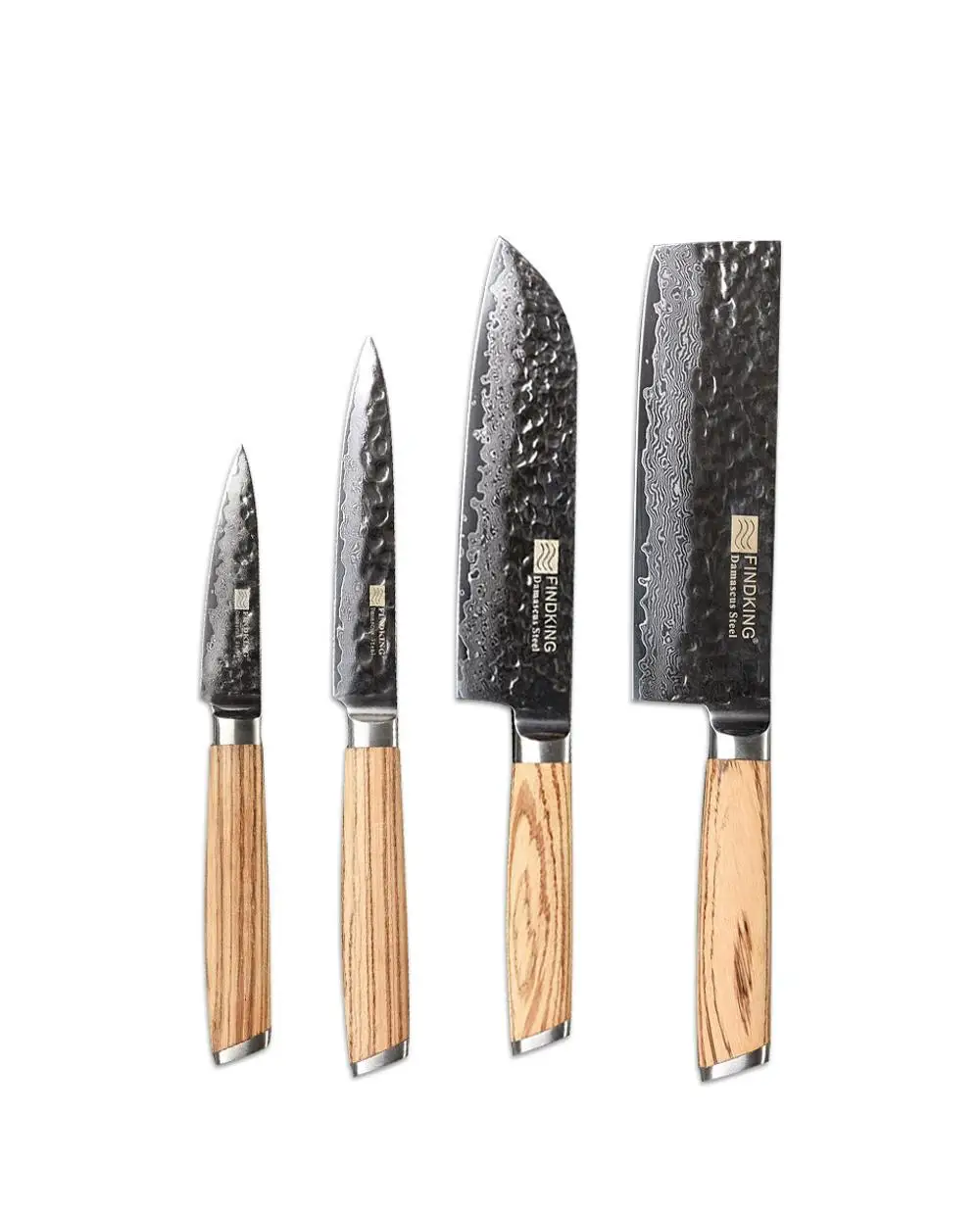 

FINDKING zebra wooden handle damascus knives set 4 pcs 6.5 inch chef 7 inch santoku 5inch utility 3inch fruit knife 67 layers