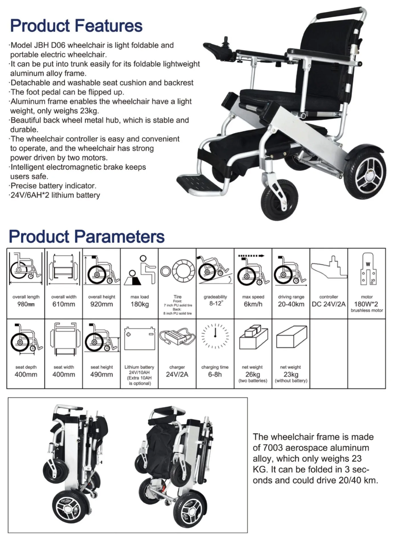 Disabled Lightweight Foldable Durable Small Power Electric Wheelchair