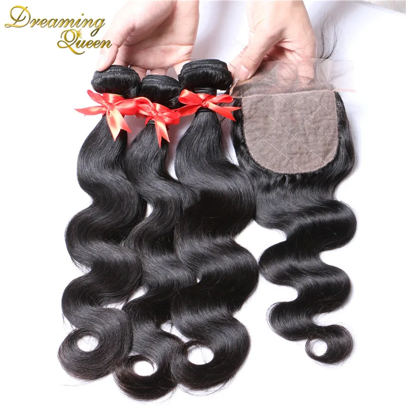 Silk Base Closure With Bundles 7A Brazilian Virgin Hair With Closure Body Wave 4 Pcs Lot