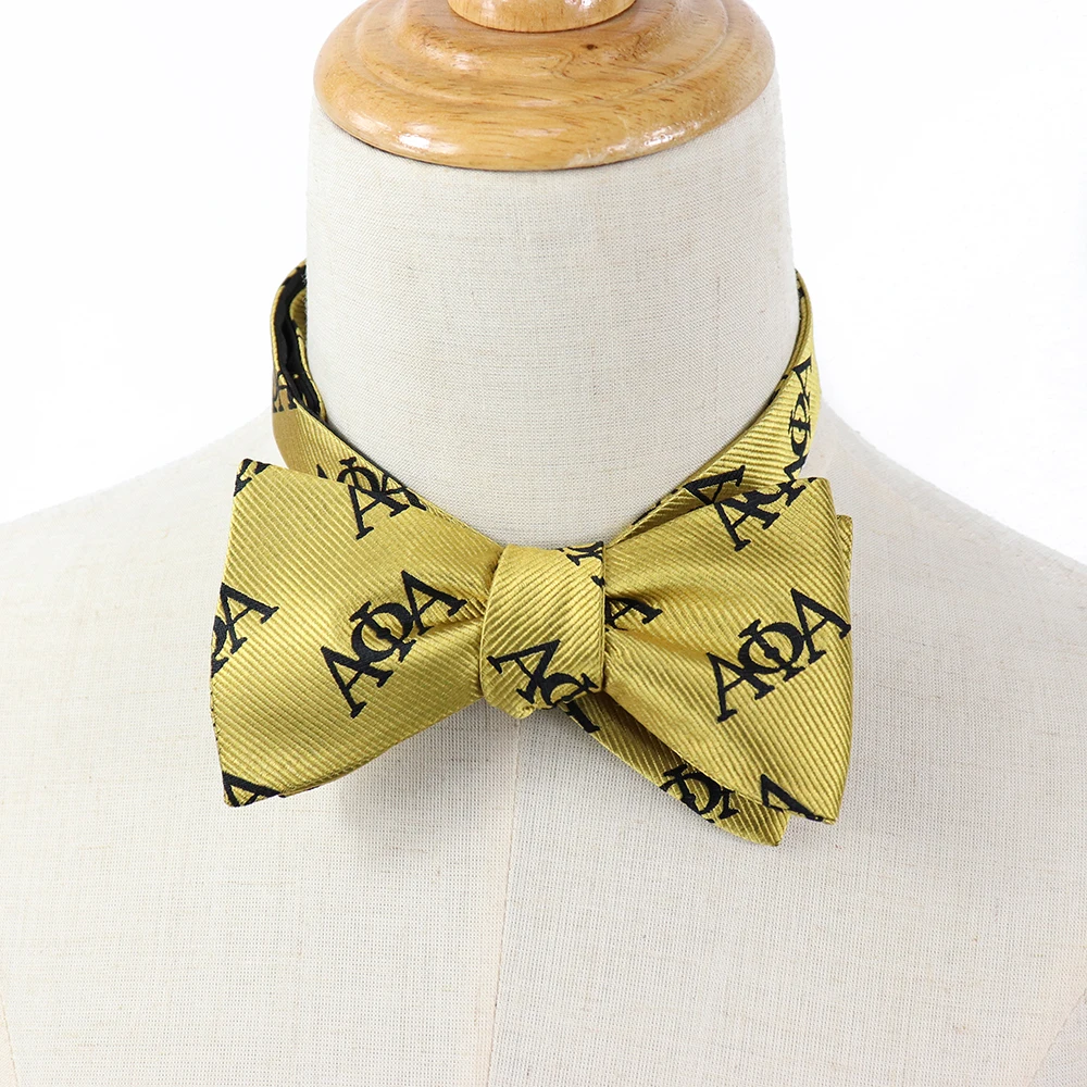 黄色alpha 图案黑色字母蝴蝶结领带男士丝绸编织时尚自我领带领结
