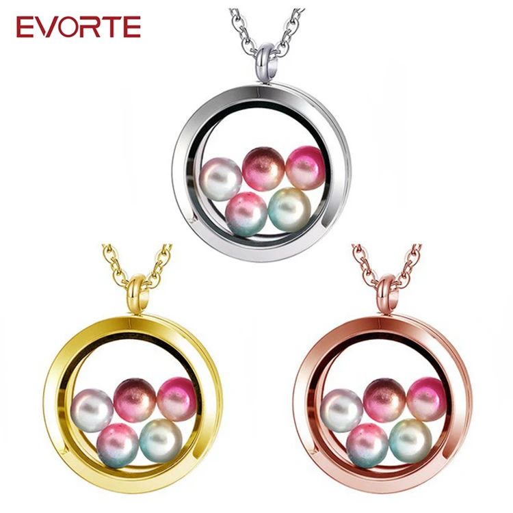 Newly Design Stainless Steel 30mm Round Glass Floating Locket Pendant Necklace with Pearl