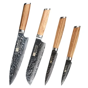 Image of zebra wooden handle damascus knives set 4 pcs8 inch chef 7 inch santoku 5inch utility 3inch fruit knife 67 layers