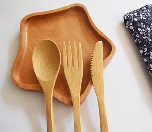 Image of Biodegradable reusable small baby wooden Bamboo Cutlery bamboo spoon and fork travel set with bag