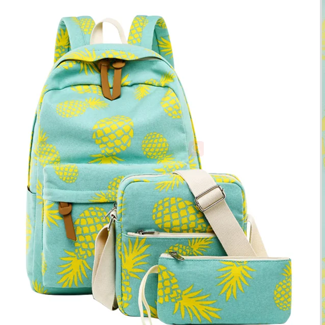 

Hot Selling 3pcs Fashion 3D Print Pineapple Girls Women Canvas Fashion School Bag Multifunction Backpack, Light green/light yellow