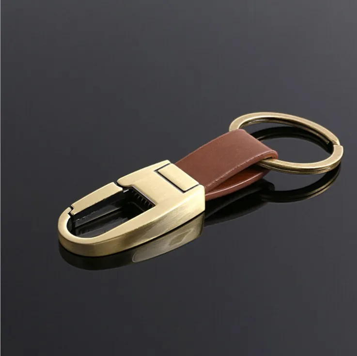 Luxury Men's Leather Keychain In Shine Gold Color Stainless Steel Men Car Key Chain With Leather